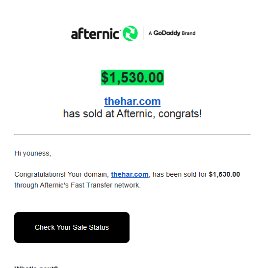 unessghz's tweet image. Alhamdulillah, just sold thehar .com via @afternic Fast Transfer
HT: 2 Years
Congrats to the new owner
Shoutout to @kasmiyouness1, @KehelAyyoub &amp;amp; @dnrater
#DomainName #Domaining #Afternic #DomainSale #Flip