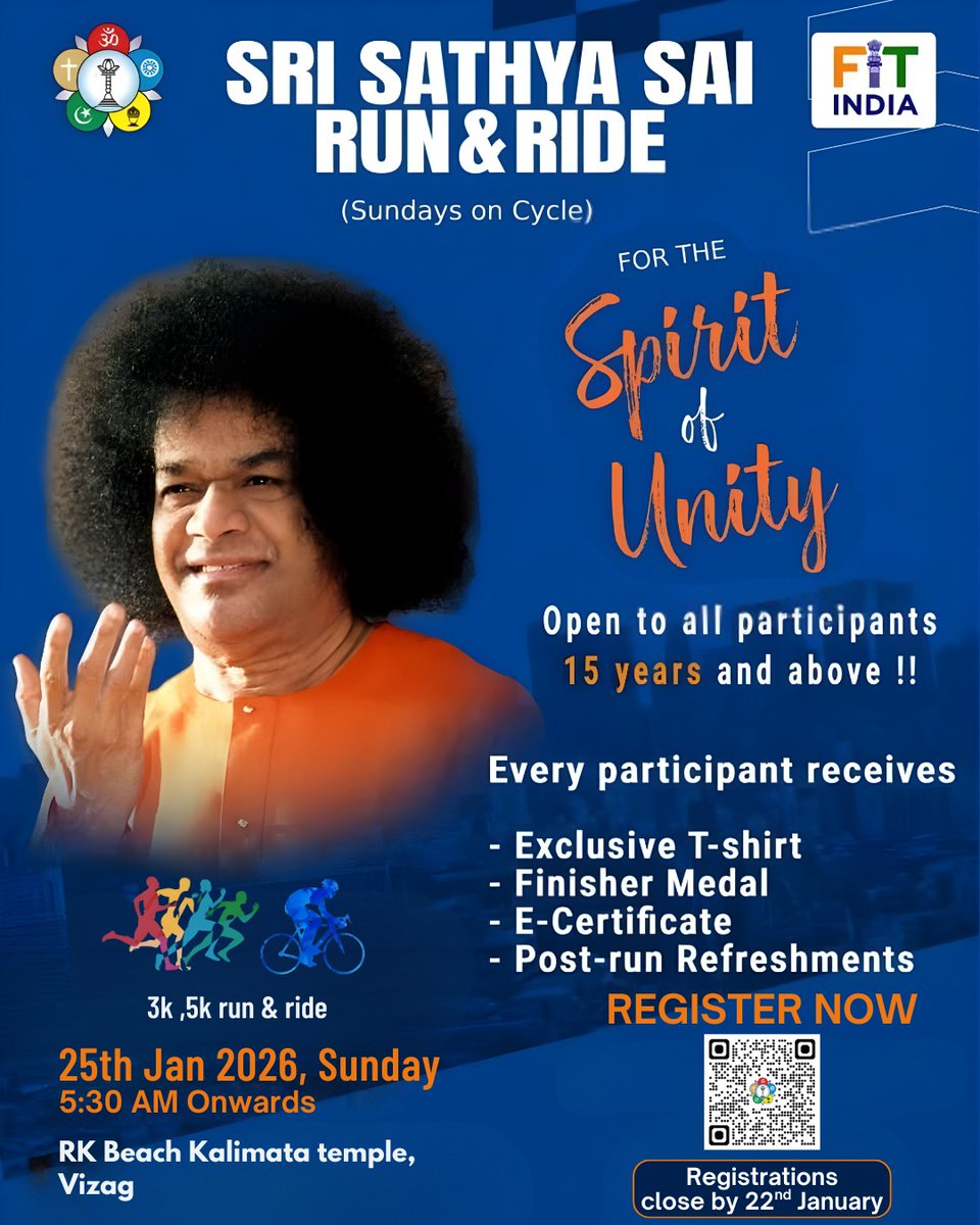 apssssorg's tweet image. SRI SATHYA SAI RUN &amp;amp; RIDE (Sundays on Cycle) 📅 25 Jan 2026 | 5:30 AM 📍 Kalimata Temple, Beach Road, Vizag. Championing the mission of Fit India Mission. Register now. Registration closes 22 Jan 2026
#RunForHealth #RideForUnity #SpiritOfUnity  #VizagRunners #VizagCyclists