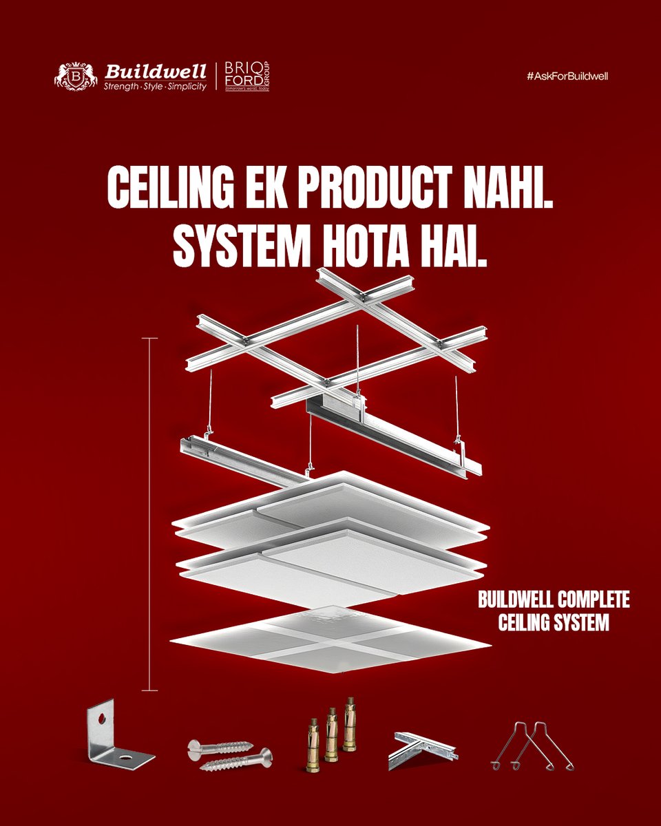 buildwell_india's tweet image. Ceiling sirf upar ki finishing nahi hoti.
Woh ek poora system hota hai — frame, fasteners, boards, sab ek saath.
Isliye smart builders Buildwell Complete Ceiling System choose karte hain.
Because strength works only when everything works together.
#AskForBuildwell #CeilingSystem