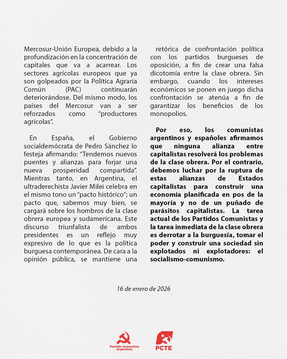 📝🚩 Declaración conjunta del PCTE y el Partido Comunista Argentino (<a href="/PCArgentino/">Partido Comunista Argentino ☭</a>) sobre el acuerdo UE - Mercosur.

"Los comunistas argentinos y españoles afirmamos que ninguna alianza entre capitalistas resolverá los problemas de la clase obrera"