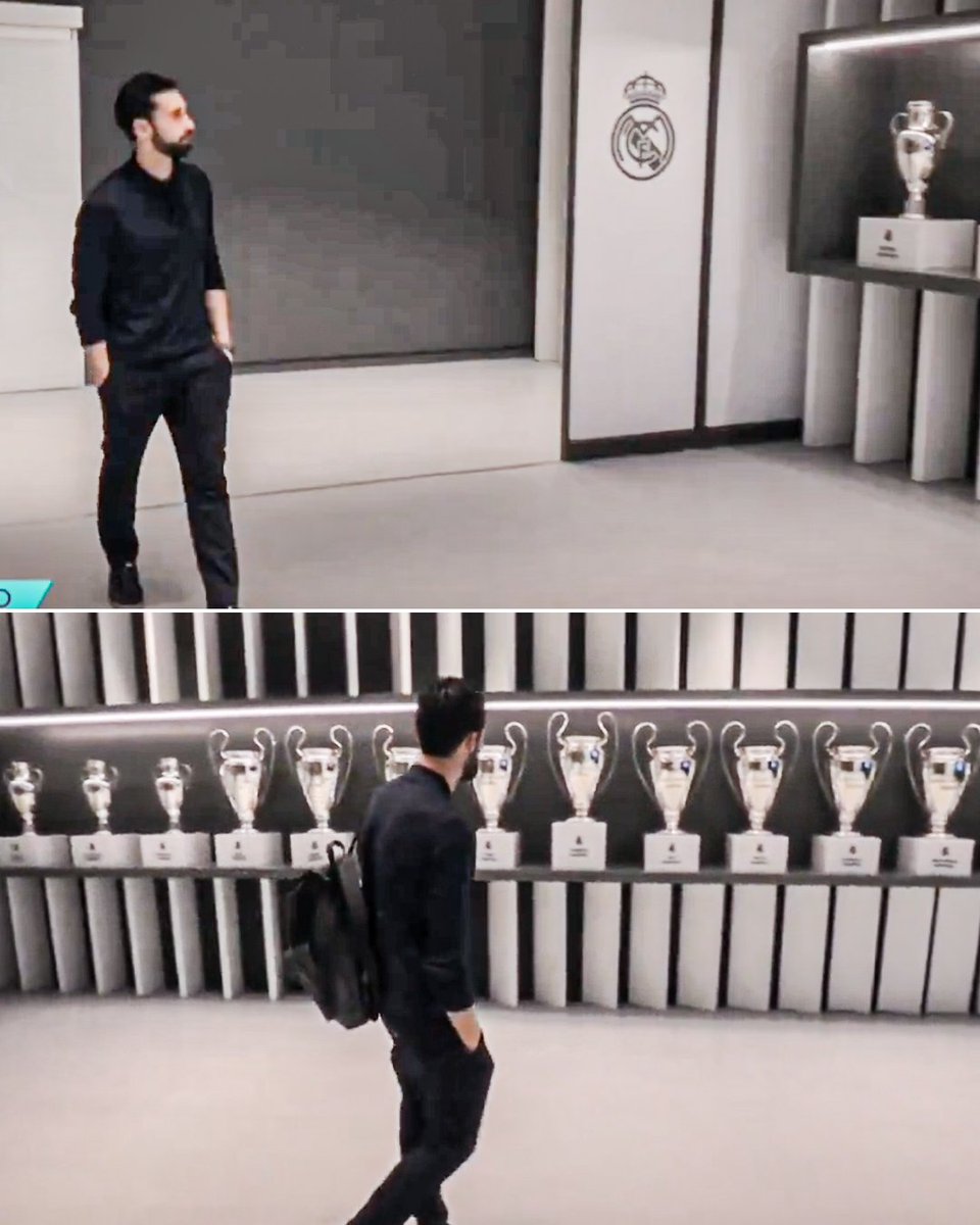 ESPNFC's tweet image. Álvaro Arbeloa stopped to take a brief pause next to Real Madrid’s 15 Champions League trophies before making his way onto the Santiago Bernabéu pitch today 👀