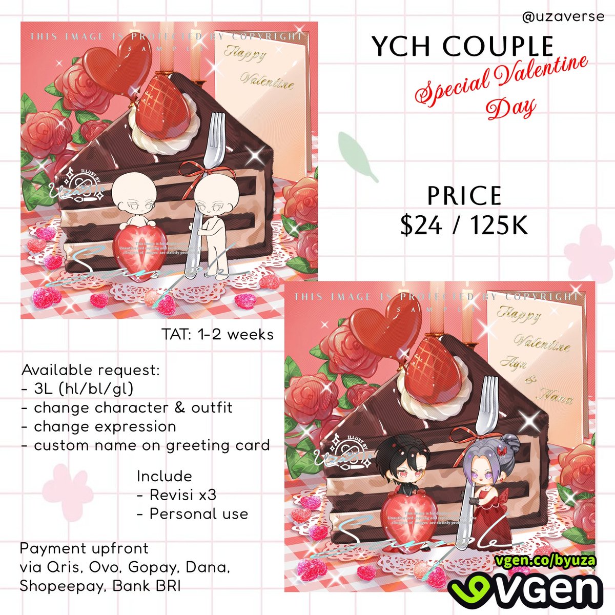 UZAverse's tweet image. (Like, RT very appreciated 🙏)

Open YCH couple c0mmission~
Hello, I open YCH chibi for Valentine Day❤️ Limited 5 slots only. Also available on #VGen 
Send DM or through discord (more info in the thread)

#ych #artidn #zonajajan