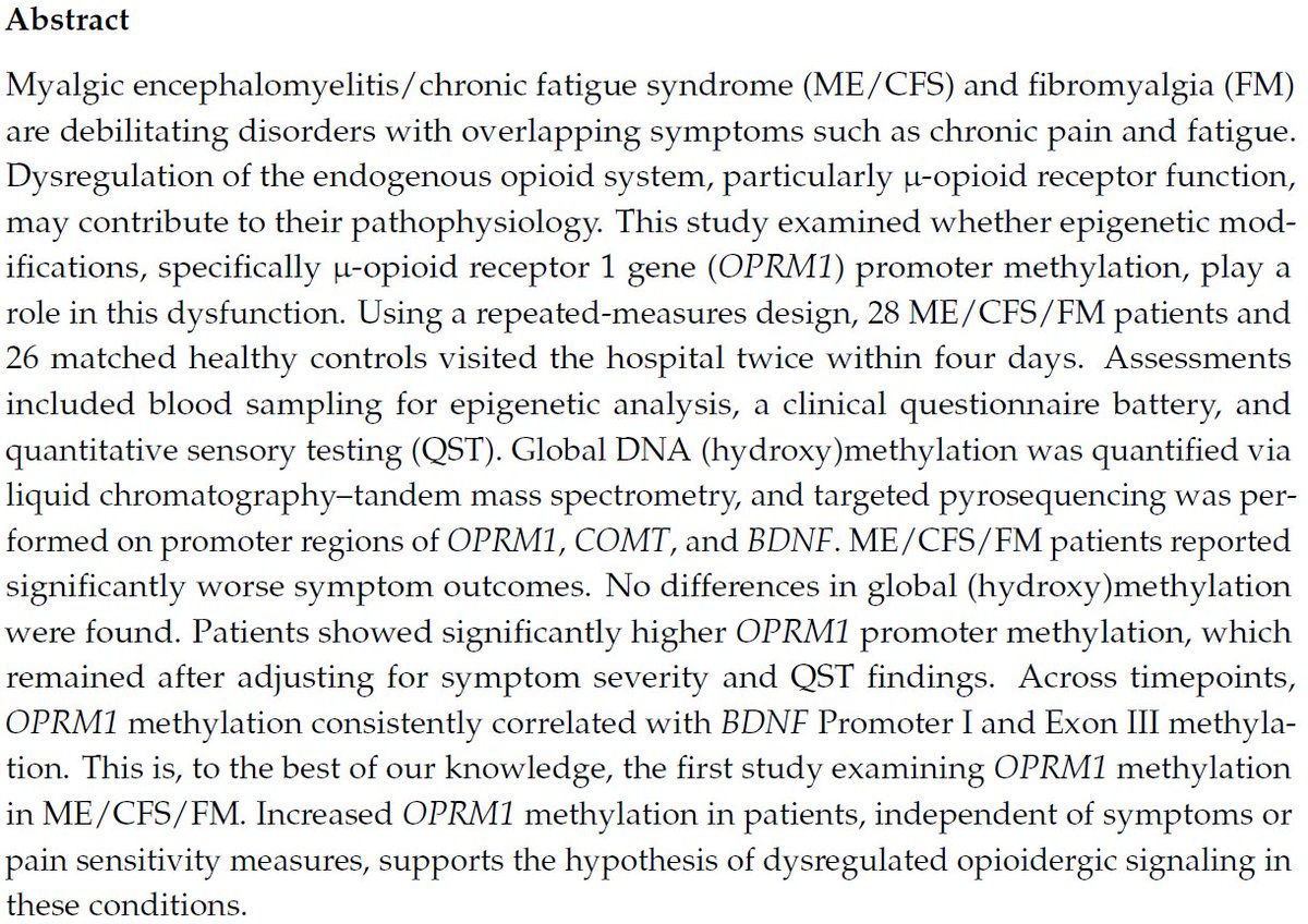 TomKindlon's tweet image. From Belgium:

Hypermethylation of OPRM1: Deregulation of the Endogenous Opioid Pathway in Myalgic Encephalomyelitis/Chronic Fatigue Syndrome and Fibromyalgia

mdpi.com/1422-0067/27/2…

ME Research UK-funded

#MEcfs #Fibromyalgia