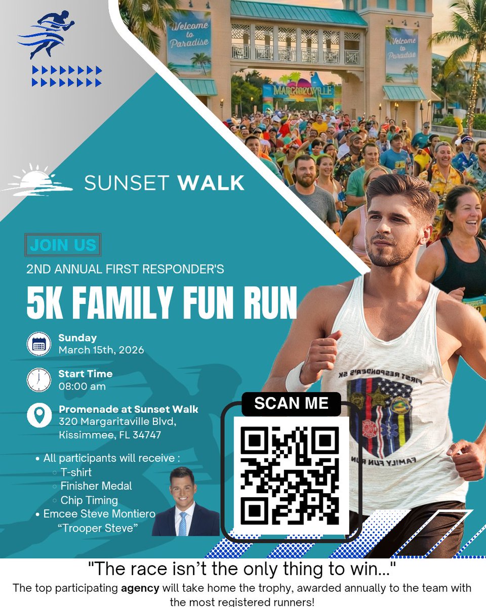 Lace up and bring the family!
The 2nd Annual First Responders 5K Family Fun Run is back at Sunset Walk 
Shirt •  Medal • Chip timing
Hosted by Steve “Trooper Steve” Montiero
🏆 Top agency wins the trophy!
Register now — don’t wait!