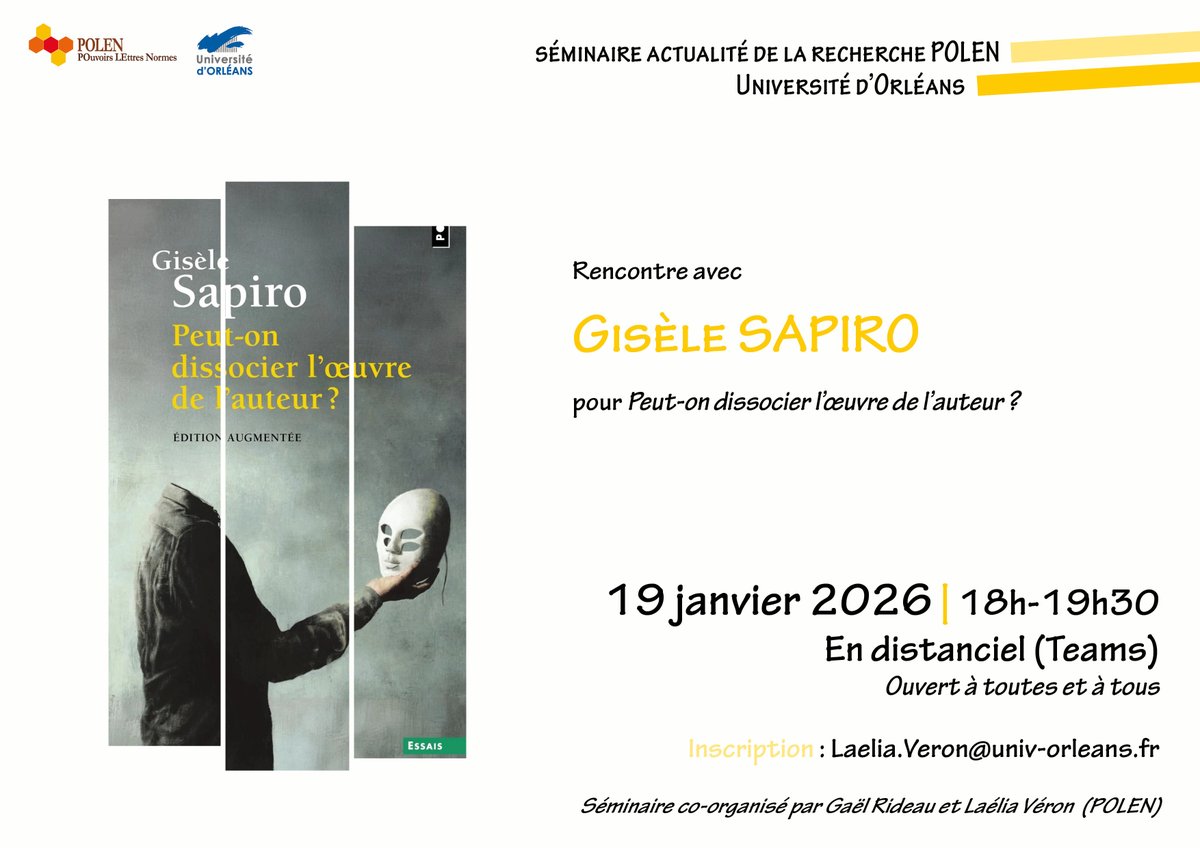Le  séminaire d’actualité de la recherche reprend ! Séance le lundi 19 janvier à 19h30, avec Gisèle Sapiro pour son livre «Peut-on dissocier l’œuvre de  l’auteur ?» Séance ouverte  à toutes et à tous, à distance. Pour avoir le lien, il faut  m’écrire (sur mon adresse mail univ)