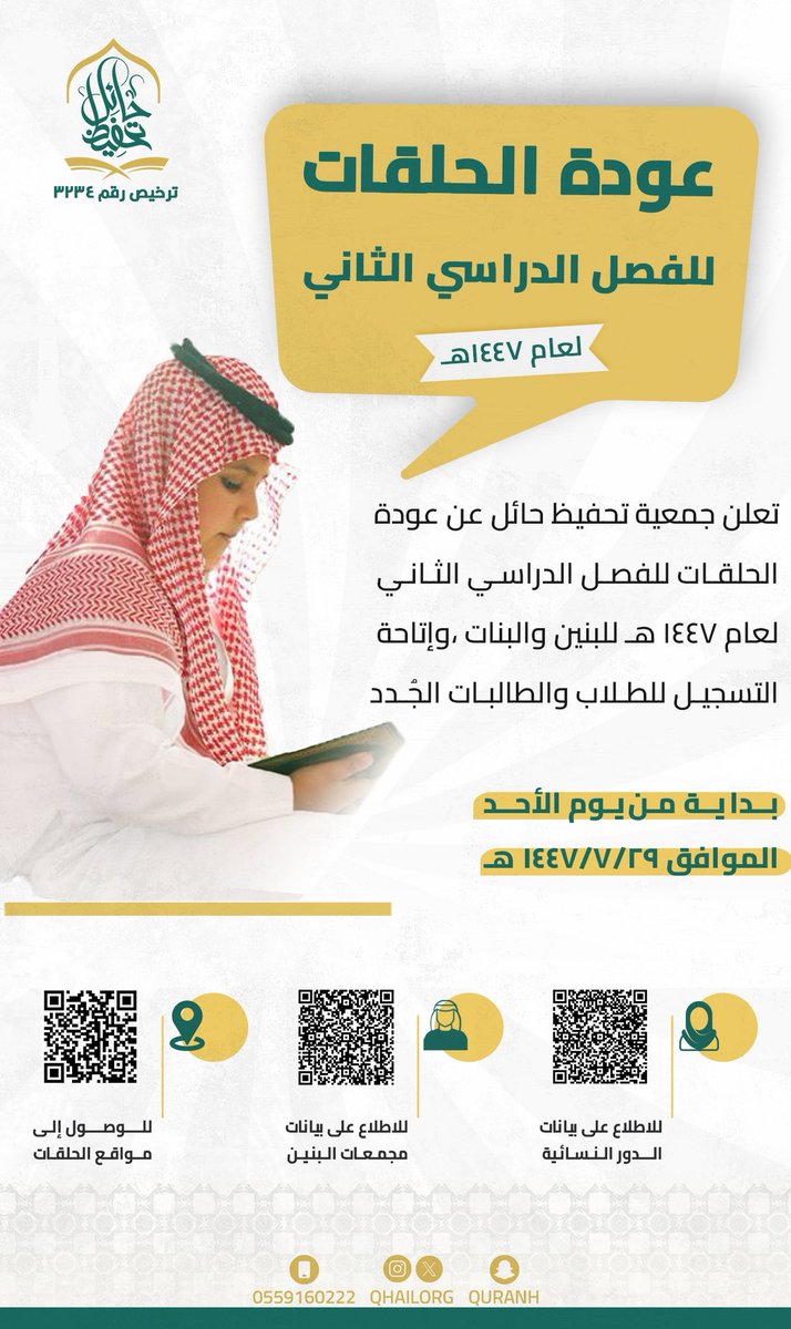 #عودة_الحلقات 

مجمّعات البنين : 
drive.google.com/drive/folders/…

الدور النسائية : 
drive.google.com/drive/folders/…

للوصول إلى مواقع الحلقات : 
it-ayd.com/map.html

#جمعية_تحفيظ_حائل