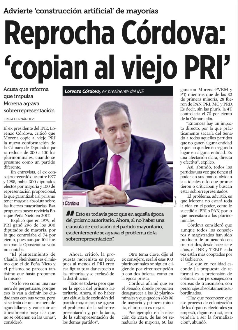 bereaguilarv's tweet image. Aquí casual, institucionalizando el abuso de poder…

Lorenzo Córdova lo dice muy claro: Estos corruptos morenos copian al viejo PRI ¡y lo empeoran!

La reforma no busca representar al ciudadano, busca fabricar mayorías artificiales, borrar minorías y concentrar poder.