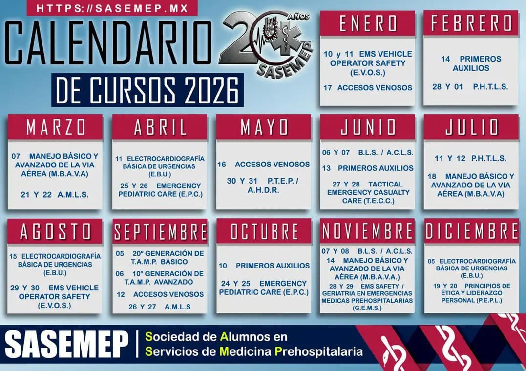 SASEMEP_IPN's tweet photo. Programa Anual 2026 #SASEMEP:
#PA, #BLS, #ACLS, #EBU, #AV, #MBAVA, #PHTLS, #AMLS, #EVOS, #EPC, #PTEP, #AHDR, #TECC, #GEMS, #EMSSAFETY, #PEPL
#TAMPBásico
#TAMPAvanzado
+Info:
https://t.co/Yd5DQe9Xm7
https://t.co/9PrAP4Jxk1
#WhatsApp: 56 1038 8604
#Email: sasemep@hotmail.com https://t.co/cjJPFwzPsT