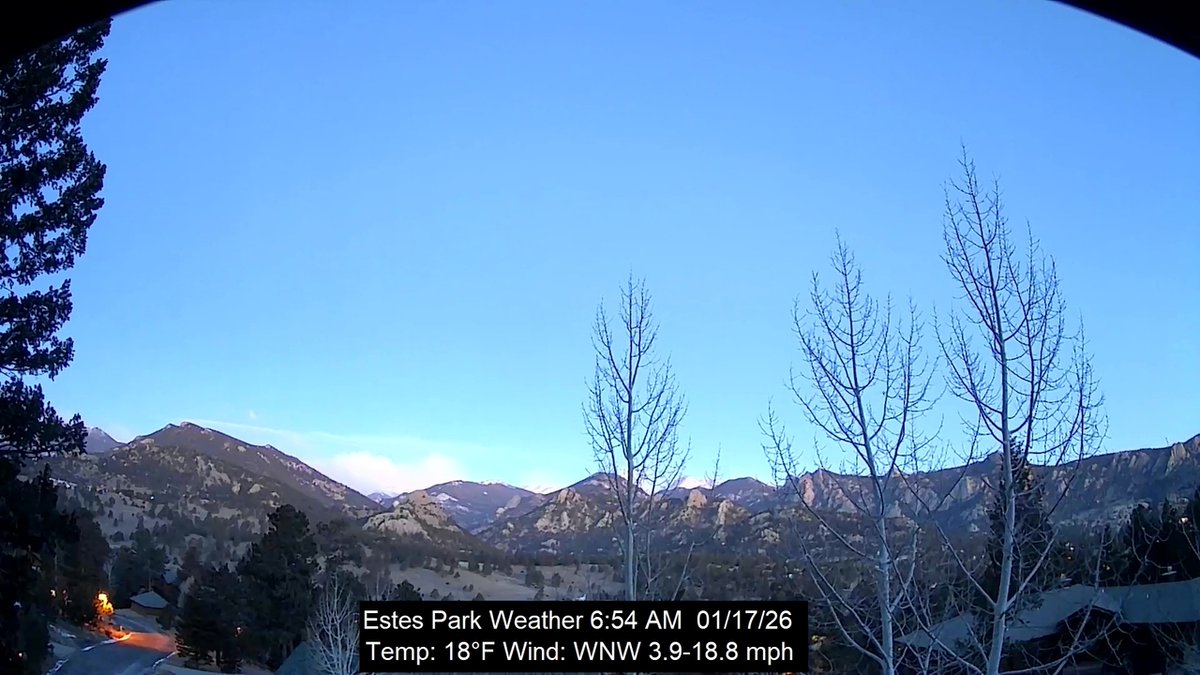 EstesWeather's tweet image. Estes Park, CO weather: overcast | 18F | humidity 30 | wind NW 9.6 -&amp;gt; 13.5 | Today: 17F/24F Rain 0.00 |  January 17, 2026 at 07:00AM #cowx