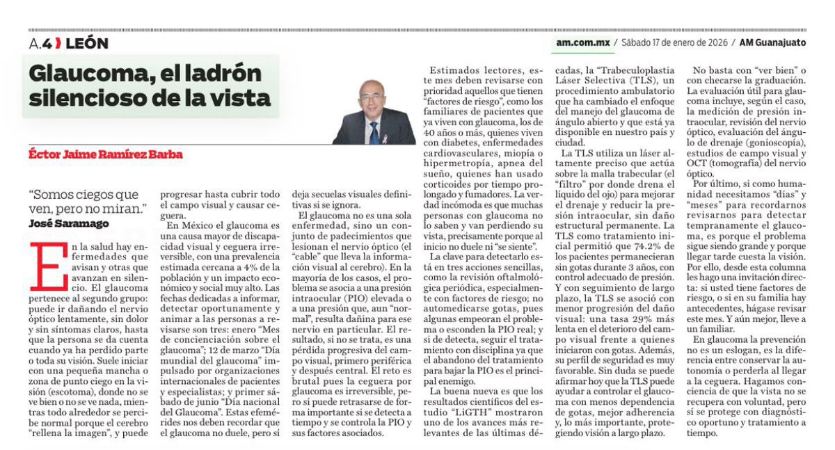 ectorjaime's tweet image. Enero es el mes del #Glaucoma, el “ladrón silencioso” de la vista: no duele, pero puede dejar ceguera irreversible.

Si tienes más de 40, diabetes o antecedentes familiares, revísate este mes. Pregunta por el avance del láser SLT/TLS. 👁️✅

👉 ectorjaime.mx/blog/periodico…

🔗