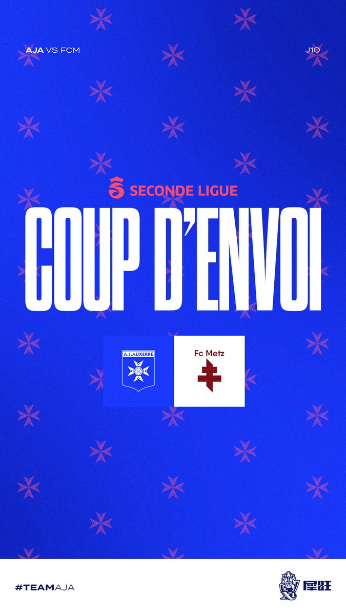 🔛 𝑪𝒐𝒖𝒑 𝒅'𝒆𝒏𝒗𝒐𝒊 🏟️

C’est parti pour cette J10 de Seconde Ligue face au <a href="/FCMetz/">FC Metz ☨</a> ! 

𝐀𝐥𝐥𝐞𝐳 𝐥𝐞𝐬 𝐟𝐢𝐥𝐥𝐞𝐬 ! 🔵⚪️

#TeamAJA #AJAFCM (0-0)
