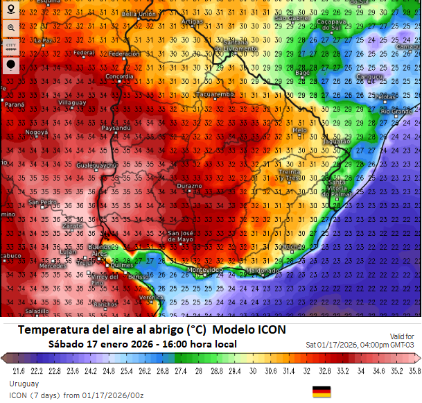 #temperaturamaxima para SAB17ene sobre E #Argentina y #Uruguay, según modelo ICON (DWD), prevé mayores valores sobre E #PBSAS incluyendo #AMBA y SW #Uruguay 34°/36°C. Sur y SE de #Uruguay incluyendo costa atlántica 28°/30°C. Muy agradable jornada.