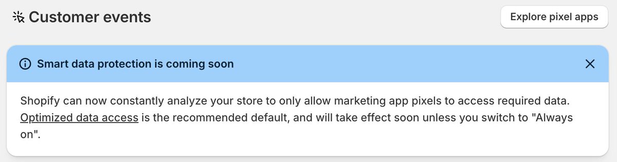 eduardbeschea's tweet image. ❗️Shopify is playing pranks on its merchants again.

It's automatically limiting the data it shares back via ANY of your pixels, including the one from Meta, which means your ads won't be able to optimize efficiently.

To prevent that...

Go to Customer events (search for it in…
