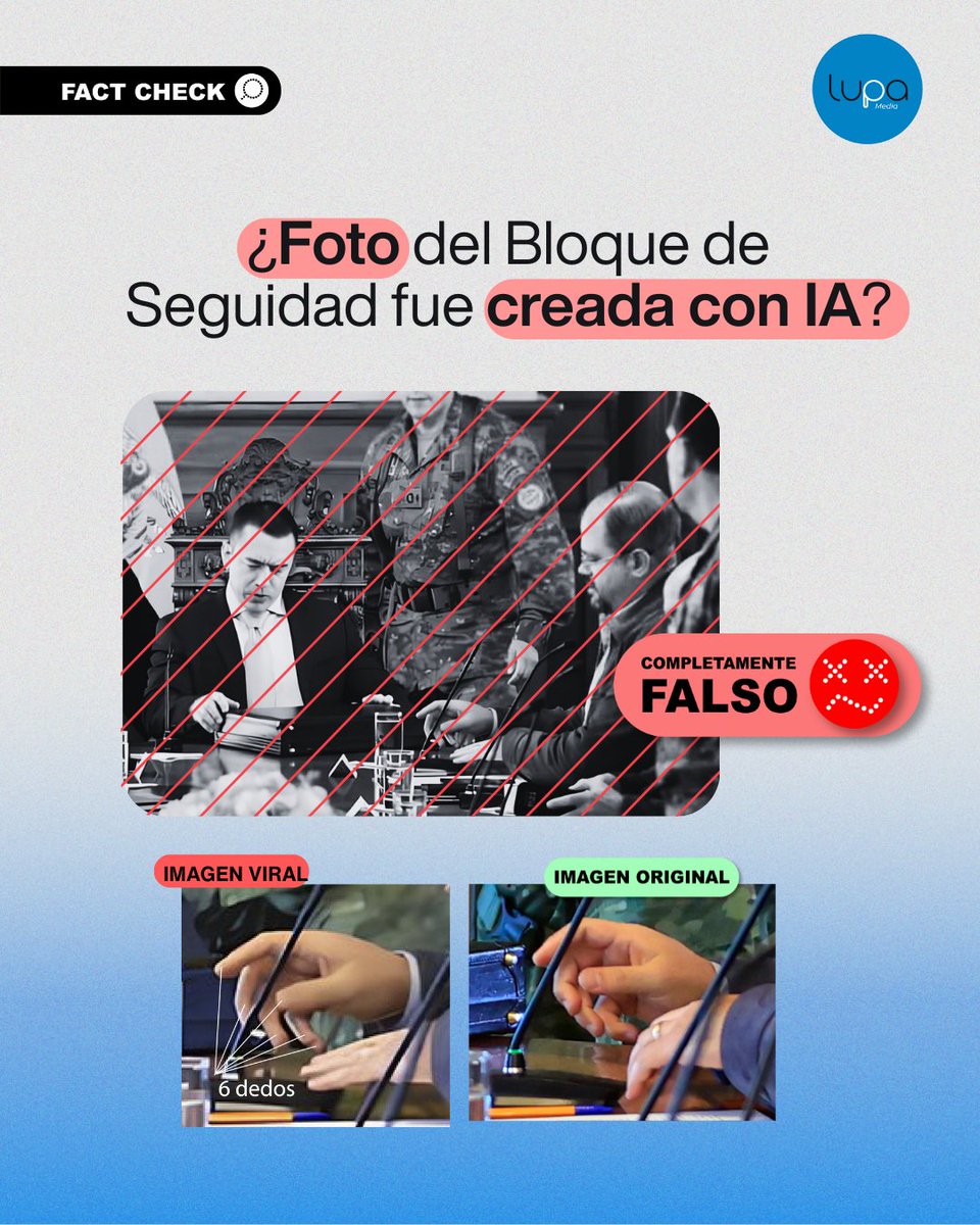 LupaMediaEC's tweet photo. 🔍#FactCheckLupa | 🔴Las fotos del Consejo de Seguridad del 16 de enero de 2026 NO fueron generadas con inteligencia artificial. La imagen donde el ministro John Reimberg aparece con “seis dedos” es una versión manipulada de la foto original ❌

¿Cómo lo sabemos? 🤔
📂 Descargamos las imágenes del repositorio oficial de la Presidencia  en Flickr y las comparamos con las que circulan en redes.
🤖 Las fotos oficiales fueron analizadas con Hive Moderation, InVID y SynthID: no presentan rastros de IA.
⚠️ La versión que difundió la Presidencia en sus redes presenta cambios respecto al original:
- se altera la forma de la mano del ministro,
- desaparece un anillo visible en la foto base,
- aparecen difuminaciones en uñas y bordes.
🔎 Esos cambios son consistentes con edición posterior y no con generación completa mediante IA.

👉 Lee la verificación completa aquí: https://t.co/lXtPGrrWhM

👀 ¿Viste algo sospechoso y quieres que lo revisemos por ti? Solicita tu #VerificaciónAlaCarta por medio de nuestra línea en WhatsApp: https://t.co/WiqX7dpUoH
 🫂¡Únete a nuestra comunidad de lucha contra la desinformación en nuestro canal de WhatsApp!  https://t.co/9waQgH2u2f