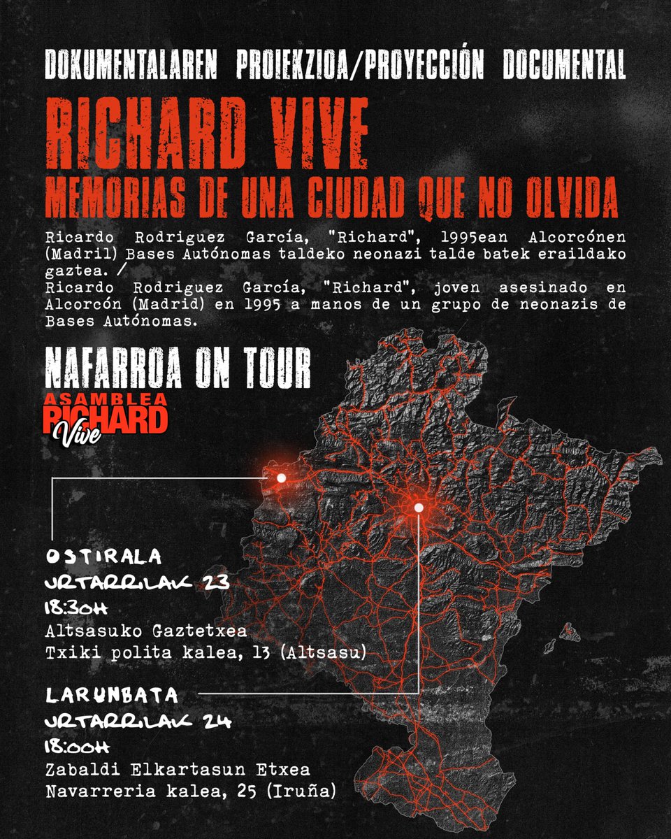 AsambleaRichard's tweet image. La semana que viene nos vamos a Nafarroa a presentar el documental "Richard Vive: Memorias de una ciudad que no olvida".

➡️ El viernes 23 estaremos en el Gaztetxe de Altsasu a partir de las 18:30.

➡️ Y el sábado 24 en Iruña, en Zabaldi Elkartasun Etxea, a las 18:00 horas.