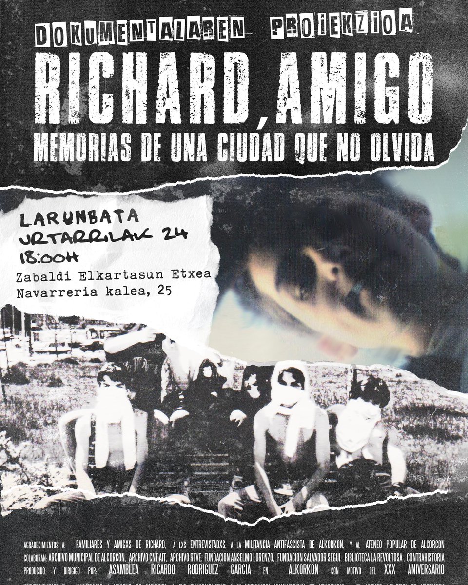 La semana que viene nos vamos a Nafarroa a presentar el documental "Richard Vive: Memorias de una ciudad que no olvida".

➡️ El viernes 23 estaremos en el Gaztetxe de Altsasu a partir de las 18:30.

➡️ Y el sábado 24 en Iruña, en Zabaldi Elkartasun Etxea, a las 18:00 horas.