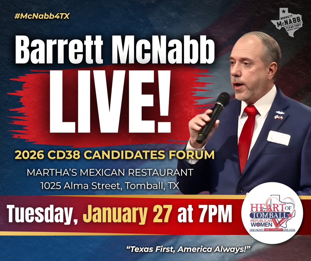 BarrettMcNabbTX's tweet photo. Please join me for what will surely be a great event with the Heart of Tomball Republican Women's Club where I look forward to sharing my Texas First, America Always vision. #McNabb4TX     

#TomballTX #Republican https://t.co/m9M9GNfInD