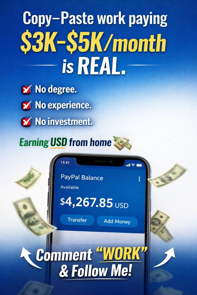 Copy–Paste work paying $3K–$5K/month is REAL.

No degree.
No experience.
No investment.

Just simple online tasks + consistency.
People are earning in USD from home 💸

👉 Want the legit platforms &amp; step-by-step guide?
1. Retweet and Follow me to get the guide .

Comment “WORK”