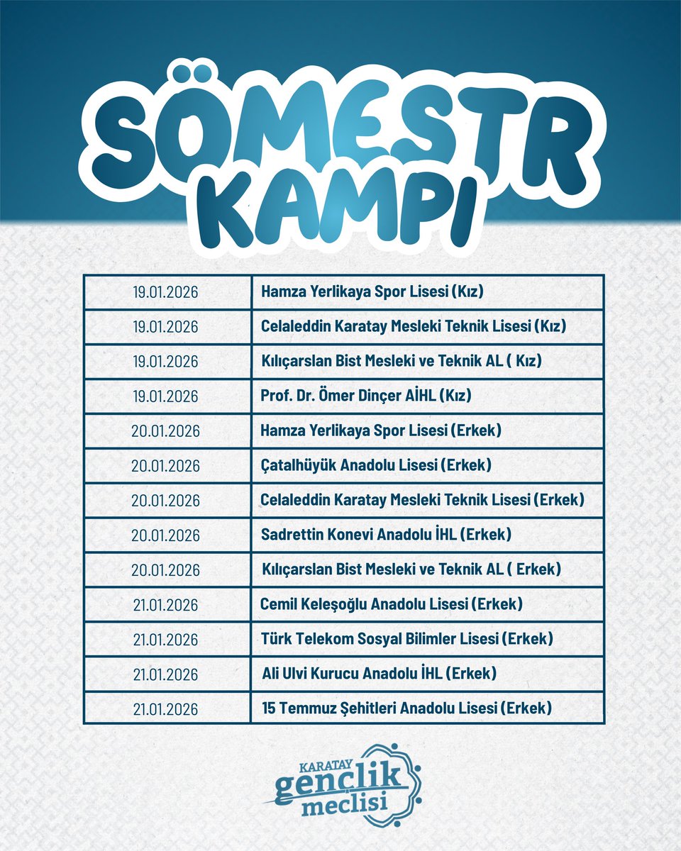 ✨ SÖMESTR KAMPI BAŞLIYOR! ✨
Ortaöğretim Çalışma Grubu öğrencileri için dopdolu bir sömestr programı sizleri bekliyor!

🎨 Atölyeler
🎯 Oyunlar
🍽️ İkramlar
🏆 Ödüller
🤝🏻 Eğitici ve eğlenceli etkinlikler

📍 Yer: Karatay Kent Konseyi
🔗 Başvuru &amp; Detaylar: linktr.ee/karatygm