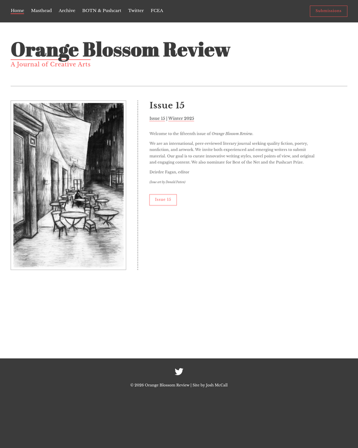 Duotrope's tweet photo. Today's listing of the day is: Orange Blossom Review @obr_litjournal https://t.co/6PN9Zx5fKG #WritingCommunity https://t.co/U3tkKZEd0f