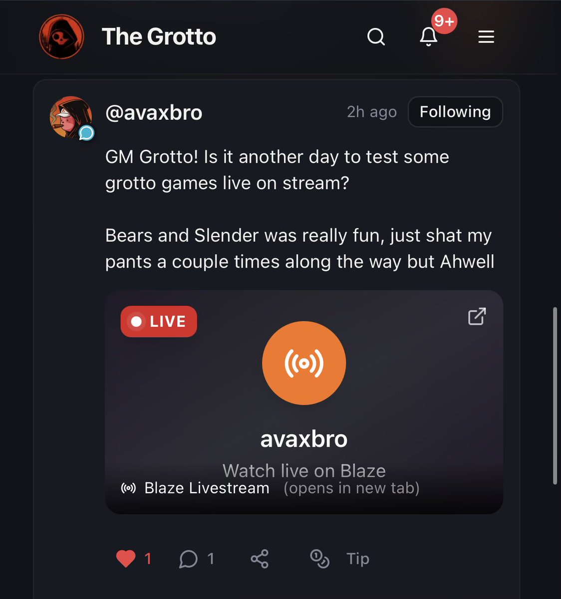 If you’re streaming on <a href="/blaze_stream/">Blaze</a>, you can paste your stream in social for a full embed and grow your audience. 

enterthegrotto.xyz/social