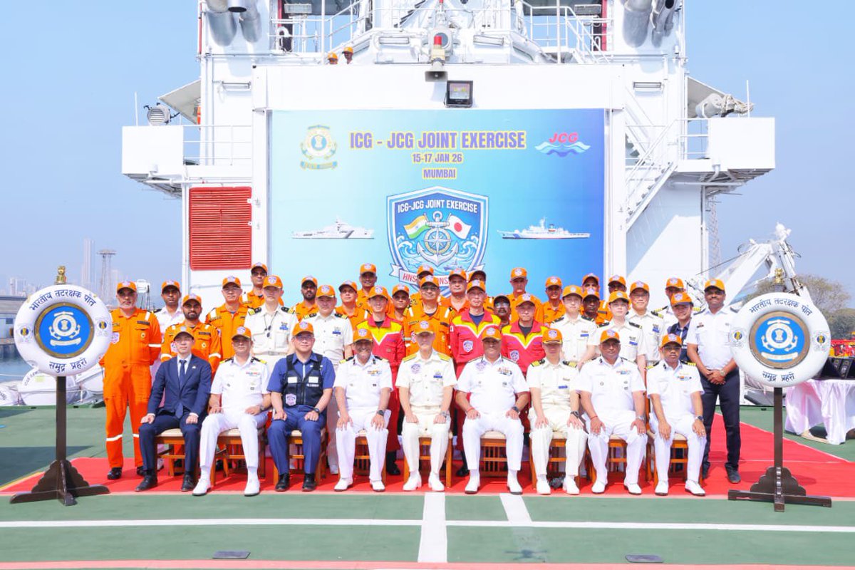 IndiaCoastGuard's tweet photo. Enhancing Synergy through Joint Efforts!

 #JapanCoastGuard and @IndiaCoastGuard held the joint #HNS response drills onboard #ICG Pollution Control Vessel #SamudraPrahari on 17 Jan 26 at #Mumbai. The premier #PollutionResponse teams from #Japan and #India employed the latest equipment and best practices towards enhancing operational synergy and inter-operability. The drills reviewed by Admiral Yoshio Seguchi, Commandant #JCG and Inspector General Bhisham Sharma PTM, TM, #COMCG (West) followed the High level meeting concluded between the two agencies at #NewDelhi. 
#WeProtect #InternationalCooperation
@MEAIndia 
@JCG_koho