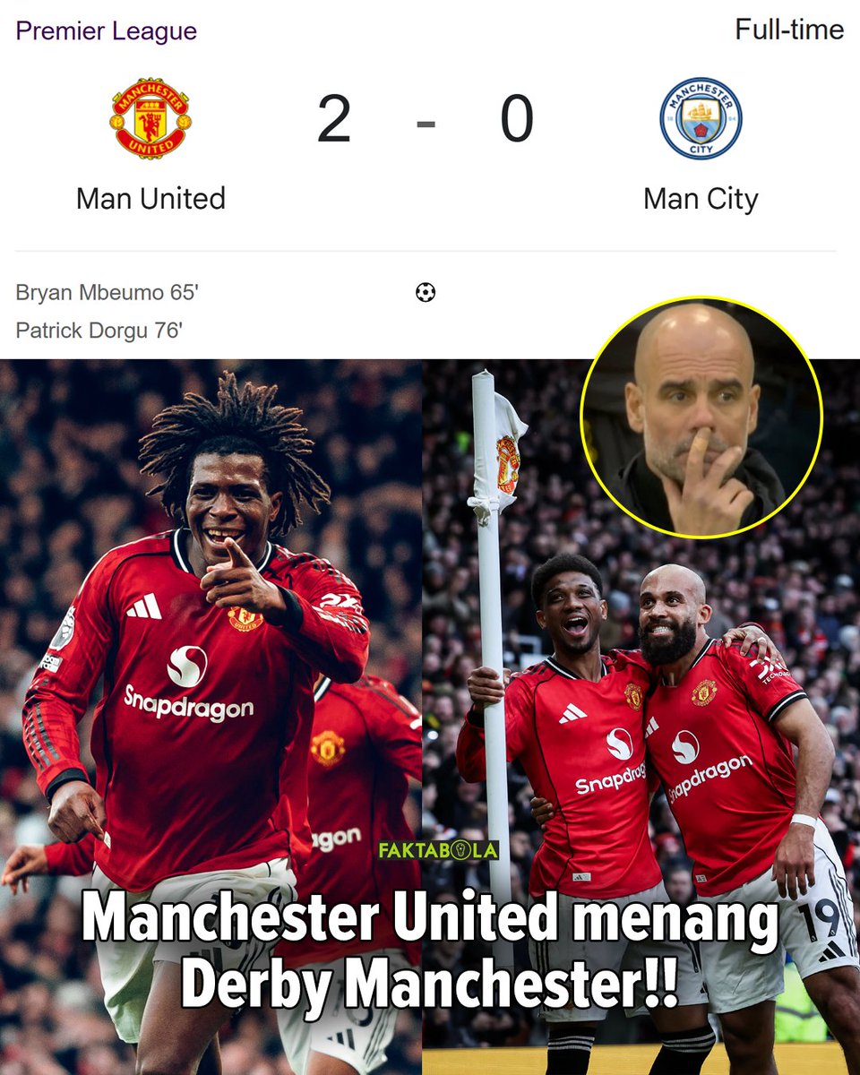 FaktaSepakbola's tweet photo. FULL TIME! Manchester United menang &amp; cleansheet lawan Manchester City. 🔥

Gawang Donnarumma dijebol oleh Patrick Dorgu! https://t.co/VZivLAAq5A