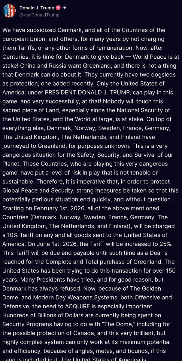 PRESIDENT TRUMP IMPOSED A 10% TARIFF ON ALL GOODS FROM DENMARK, NORWAY, SWEDEN, FRANCE, GERMANY, THE UK, THE NETHERLANDS AND FINLAND, WHICH WILL INCREASE TO 25% FROM JUNE 1, 2026, AND REMAIN IN PLACE UNTIL AN AGREEMENT IS REACHED TO BUY ALL OF GREENLAND

🔹 President Trump said