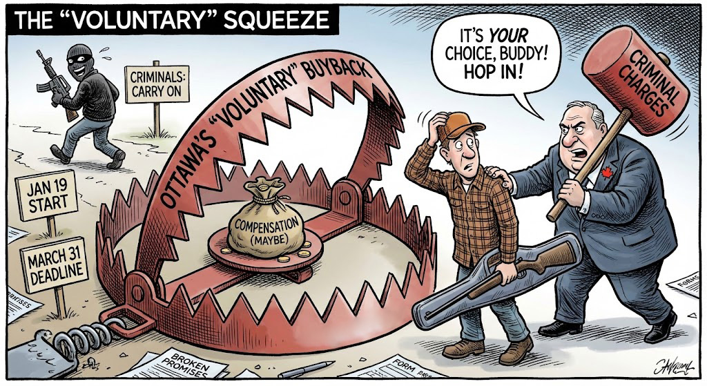 🇨🇦 The “Voluntary” Trap: Ottawa’s Buyback Is Coercion, Not Consent 🇨🇦
by GoC Admins

The federal government unveiled the next phase of its firearms confiscation program on Saturday, insisting, yet again, that the process is “voluntary.” But as the details emerge, that claim