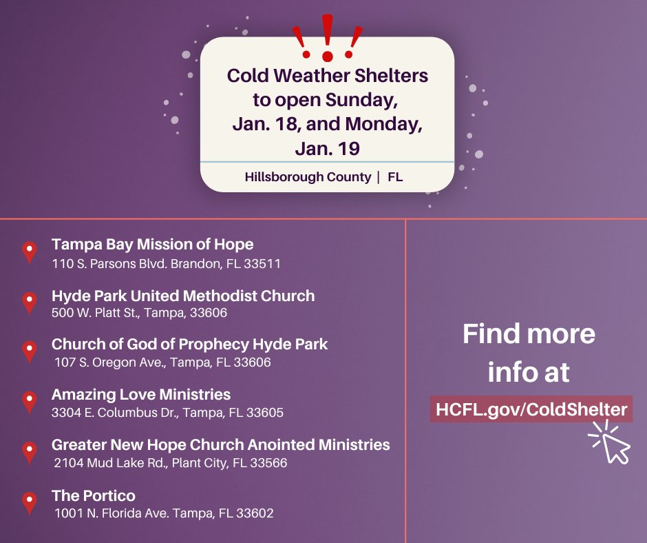 ❗Cold weather shelters will be open Sunday night, Jan. 18. and Monday night, Jan. 19❗

⌚ All shelters will take in guests from 6 p.m. until 8 p.m. on Sunday and Monday, Jan. 18 and 19, unless they reach capacity prior to that time.

For more details ↪️ bit.ly/49G90TY