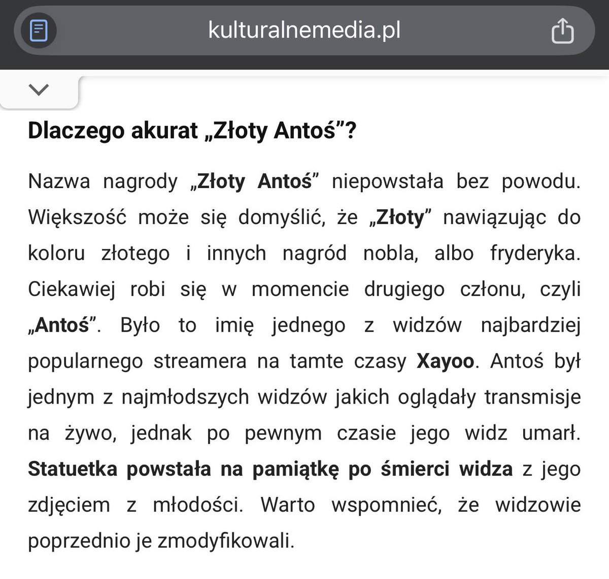 Informacyjnie:

HOLY Złote Antosie 2025 zaczną się jutro o godzinie 18:00 na kanale MokrySuchar

Restreamy - klasycznie zakazane

Skąd nazwa Złote Antosie? Na to odpowiedź macie w zdjęciu z artykułu kulturalnych mediów 

 #zloteantosie #zloteantosie2025