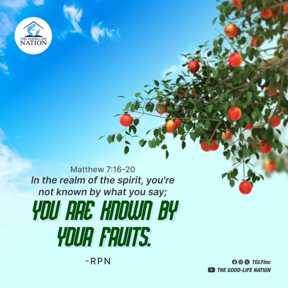 TGLFInc's tweet image. Matthew 7:16-20
In the realm of the spirit, you're not known by what you say; you are known by your fruits. -RPN 

#RPN 

#APeopleCome
