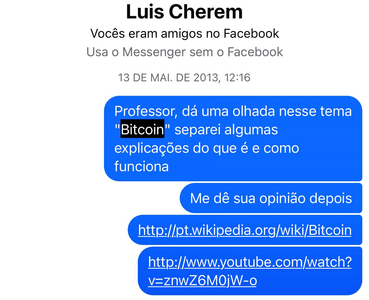 Em 2013, eu cursava geografia na UFG e tentei explicar o Bitcoin para os  meus colegas de sala de aula. Sem muito sucesso. Acabei mandando algumas  informações para um professor. Ele não