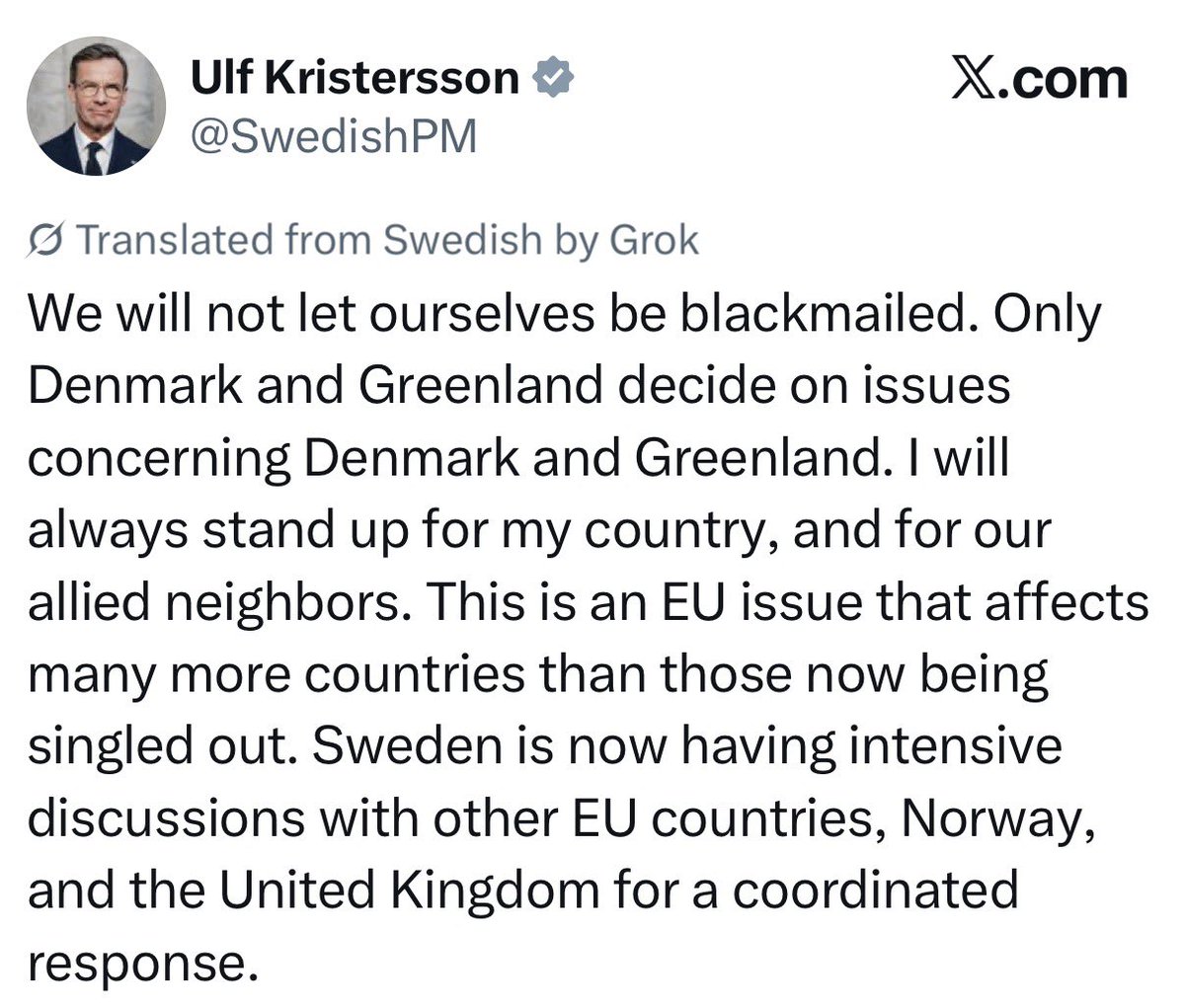 BREAKING: Sweden’s Prime Minister just issued a SCATHING rebuke to Trump’s extortion threats over Greenland. American allies are not putting up with his bullshit. Trump is destroying our alliances in real time.