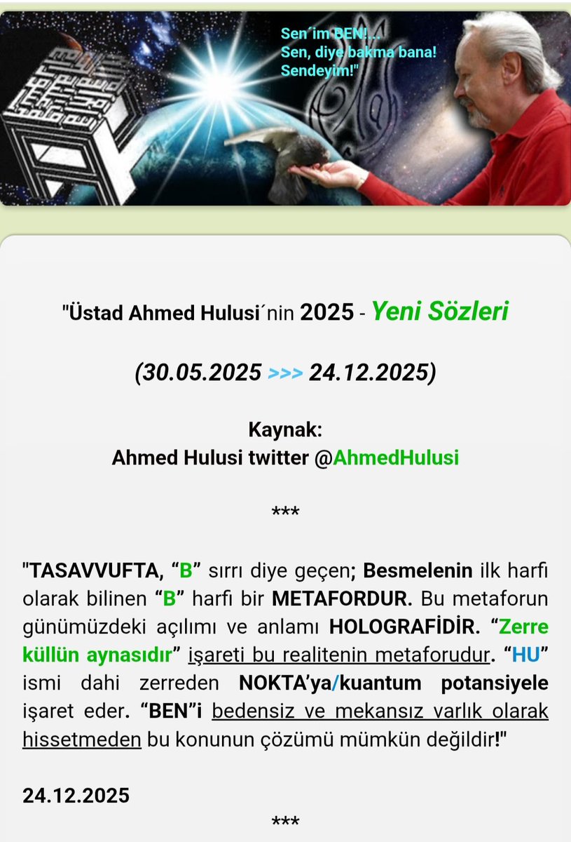 Üstâd <a href="/AhmedHulusi/">Ahmed Hulûsi</a> 'nin en son yeni sözleri sitemizde yayında, #şükür devam ediyor❗️

Allâh hazmını ihsan eylesin. 

01.01.2026 sözleri:
bikelam.com/ah2026-1/

30.05. - 24.12.2025:
bikelam.com/ah2025-2/

Tüm geçmiş "anahtar kelimeler"
bikelam.com/ah-yeni-anahta…
