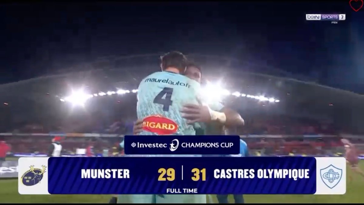 HISTORIQUE !!!!

Pour le 20e match de notre histoire face au Munster, le <a href="/CastresRugby/">Castres Olympique</a> s'impose à Thomond Park, avec le bonus offensif, INCROYABLE !!! 

Après le succès au Saracens l'an dernier, le CO signe une nouvelle victoire XXL en Champions Cup! #MUNvCAS
