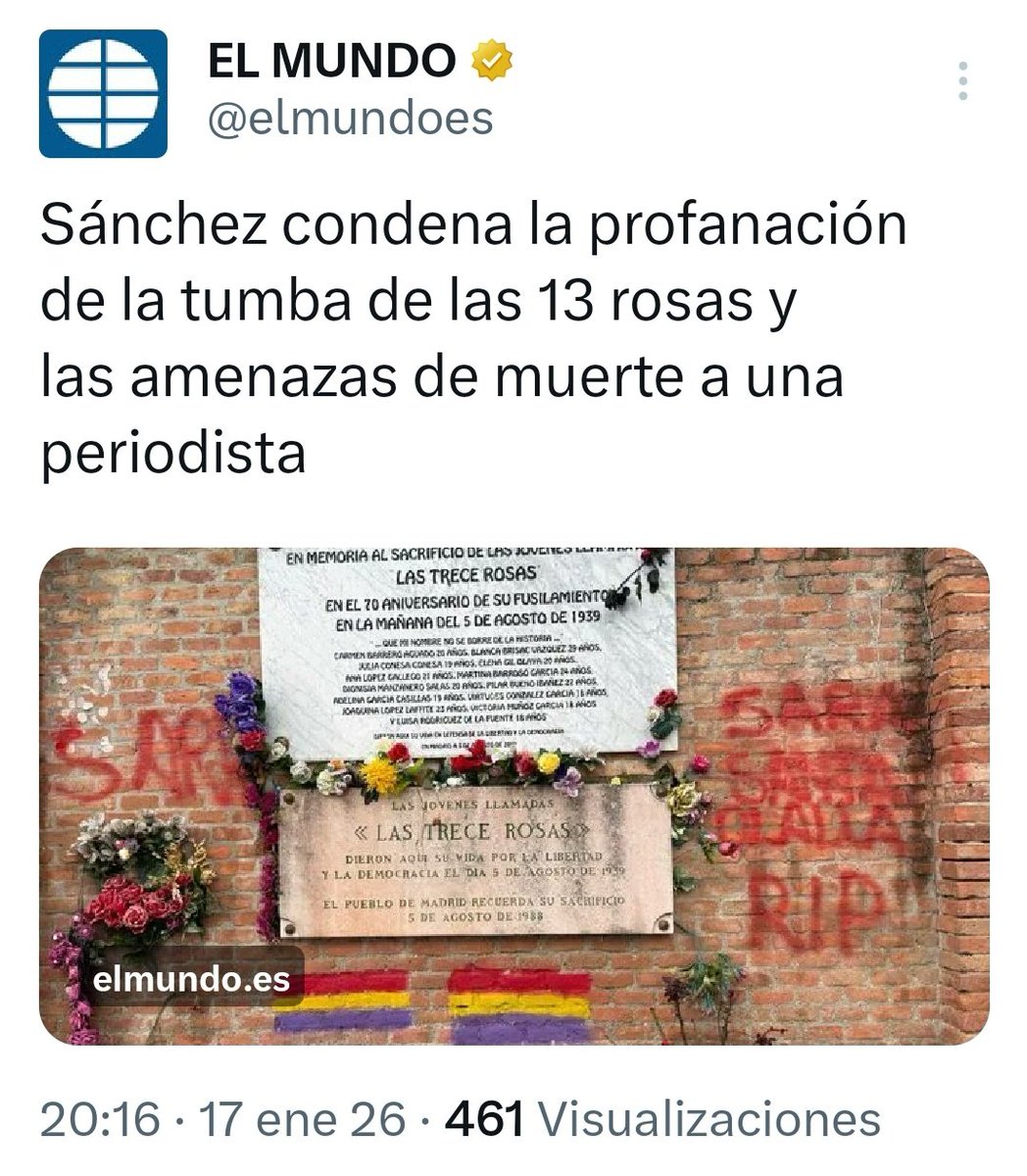 Los padres de Miguel Ángel Blanco tuvieron que llevarse su tumba del País Vasco a Galicia porque era profanada continuamente. Miguel Ángel Blanco no era un asesino como las Trece Rosas, así que Sánchez no tuiteó nada.

Tampoco lo hace por las mujeres que arriesgan su vida por