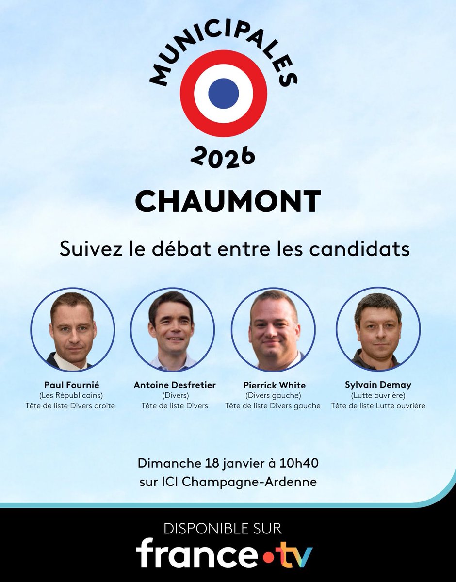 France3CA's tweet image. 🗳️ #Municipales2026 ➡️ Les candidats à #Chaumont débattent dimanche 18 janvier à 10h40 sur france.tv et ICI Champagne-Ardenne.