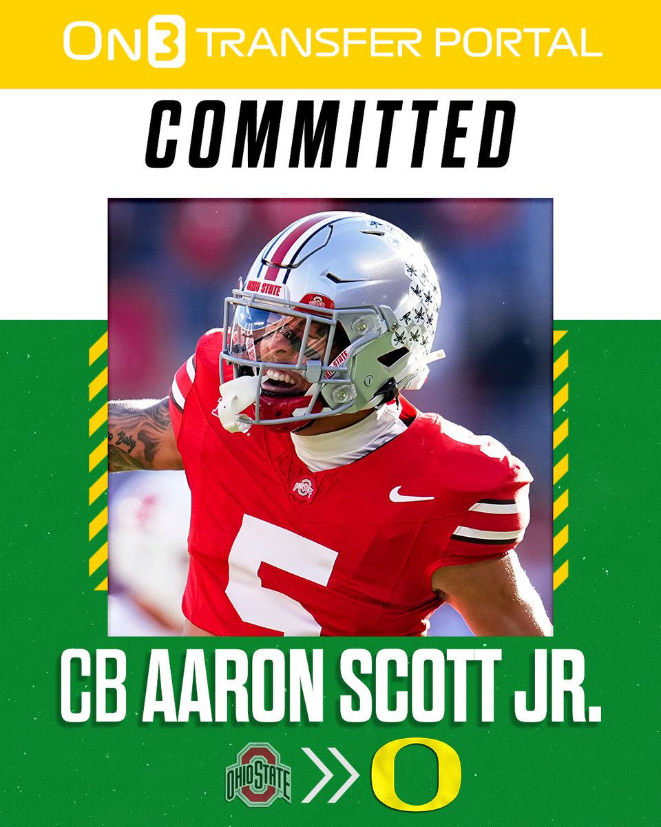 BREAKING: Ohio State transfer CB Aaron Scott Jr. has committed to Oregon, <a href="/Hayesfawcett3/">Hayes Fawcett</a> reports 🦆

on3.com/news/ohio-stat…