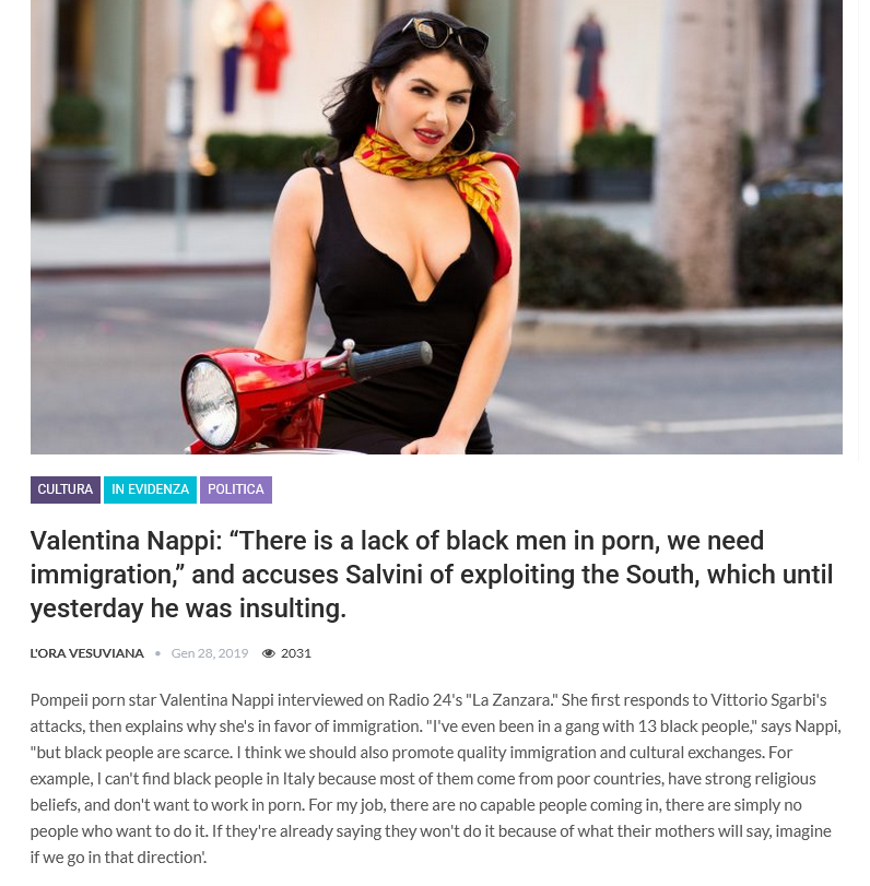 RealistEuropean's tweet photo. If you only read English-language content it's easy to miss that Valentina Nappi is very progressive; she advocates for open borders, filmed a scene with Black immigrants, and has said she needs Black migrants to have sex with. She is also very sex-positive and defends Muslims. https://t.co/17YTYVYqQd