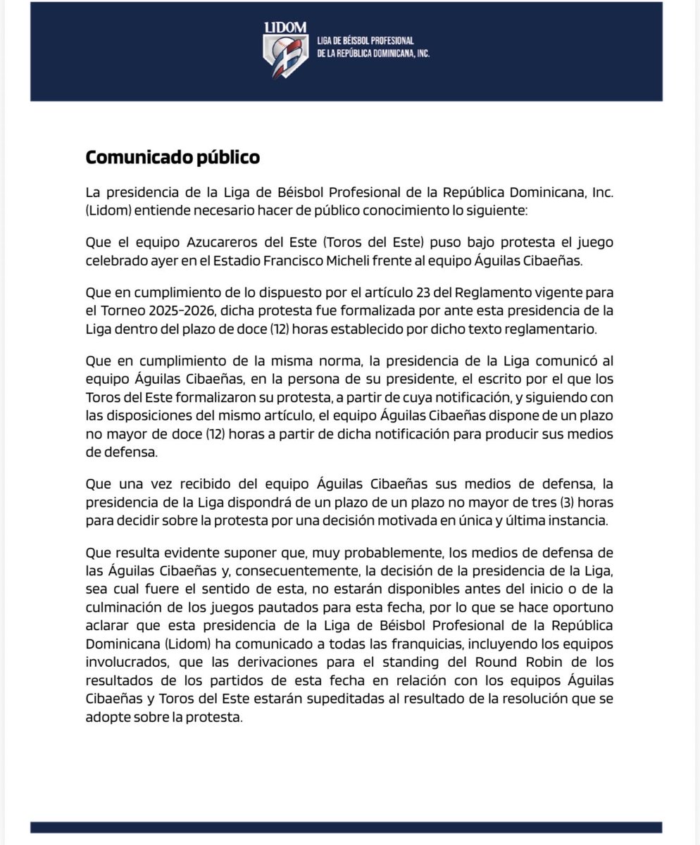 La presidencia de la Liga de Béisbol Profesional de la República Dominicana, Inc. (Lidom) entiende necesario hacer de público conocimiento lo siguiente 👇🏻
 
#LIDOM