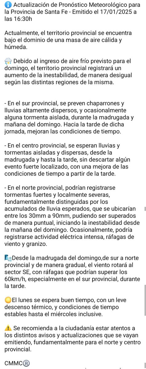 cmmcsatsantafe's tweet image. ℹ️ Actualización de Pronóstico Meteorológico para la Provincia de Santa Fe - Emitido el 17/01/2025 a las 16:30h

Actualmente, el territorio provincial se encuentra bajo el dominio de una masa de aire cálida y húmeda.

Sigue en imagen.