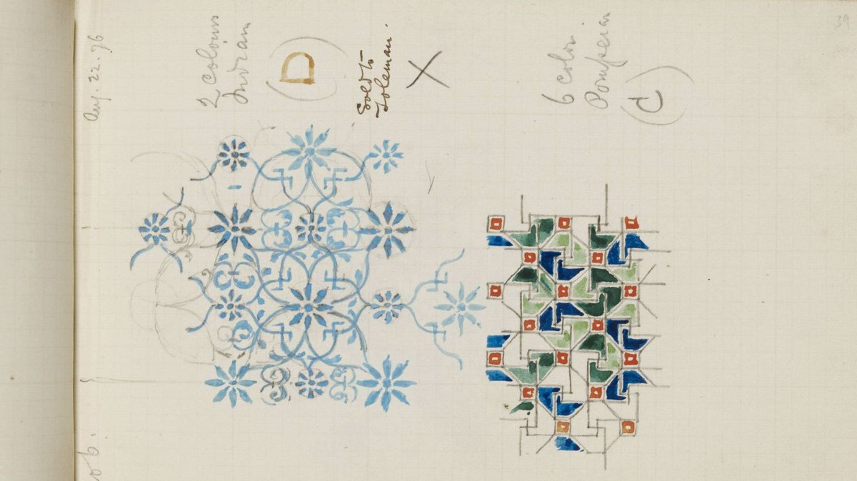 Pixel0Symphony's tweet image. Edward William Godwin, Sketchbook. 1876-78.

Pencil and mixed media on paper. Design studies for textiles, wallpapers, and architectural motifs.