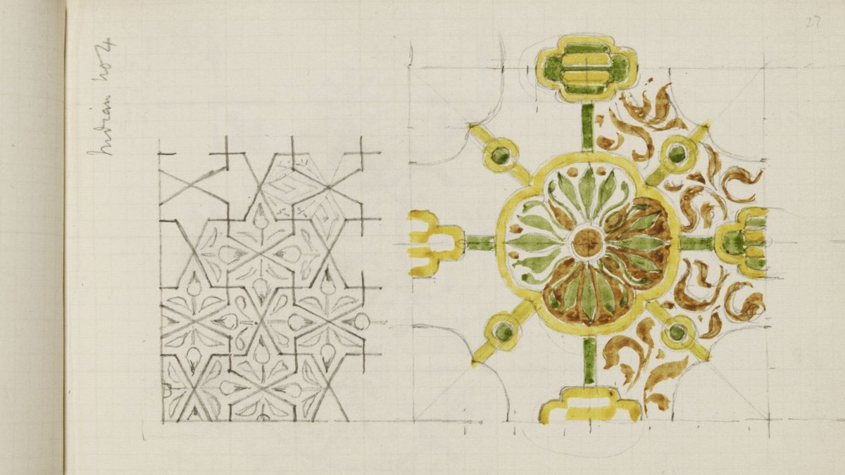 Pixel0Symphony's tweet image. Edward William Godwin, Sketchbook. 1876-78.

Pencil and mixed media on paper. Design studies for textiles, wallpapers, and architectural motifs.