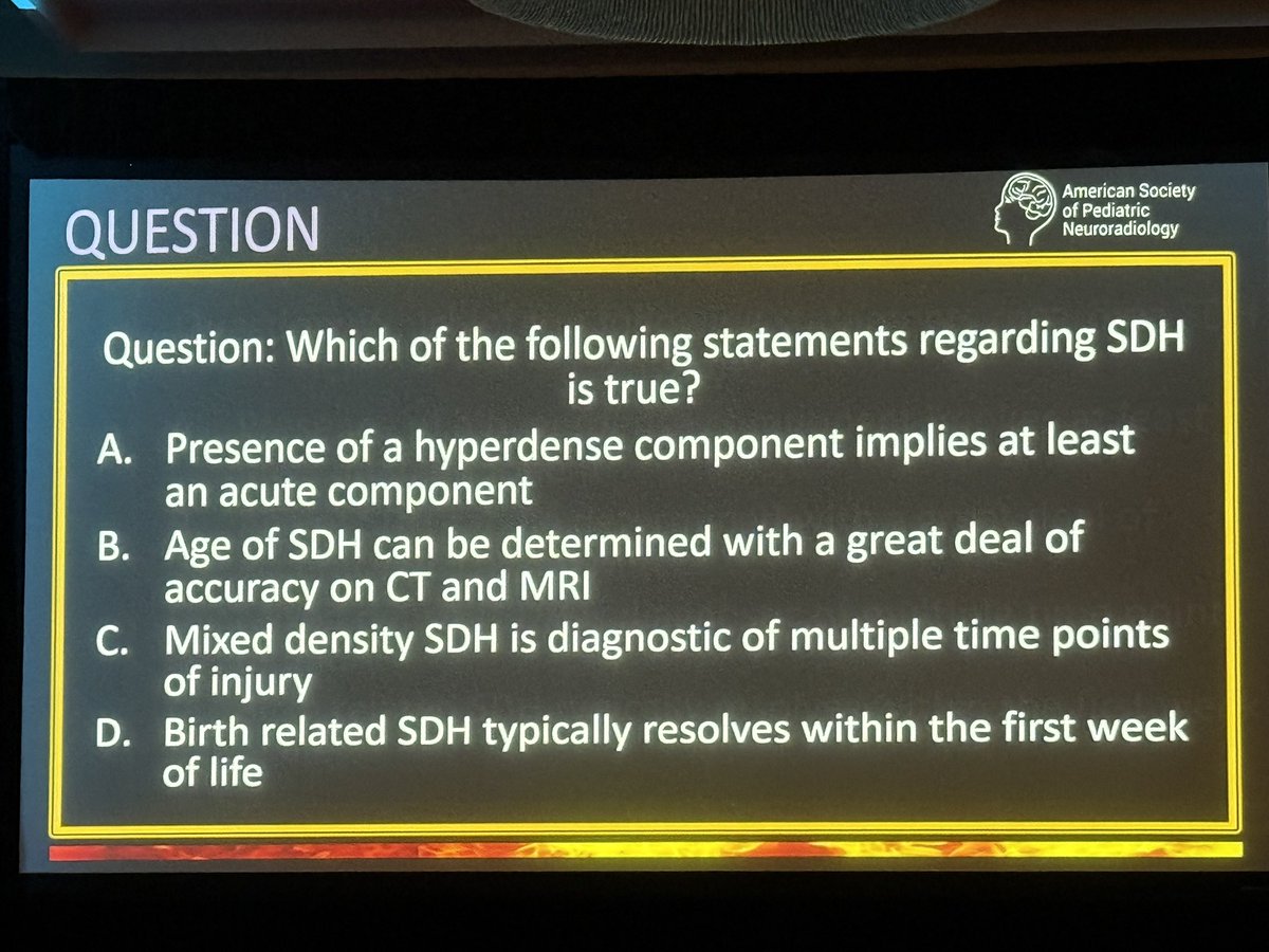 The_ASPNR's tweet image. Dr Rebekah Clarke from UT Southwestern heats it the rapid fire section with compelling cases of abusive head trauma 🔥#pedineurorad #ASPNR26 #pedsrad #radres #MedEd