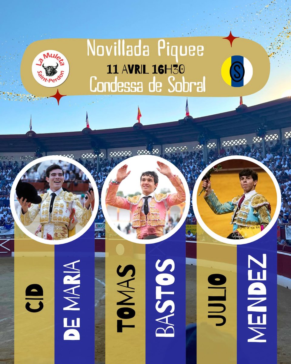 Saint-Perdon FRA la Peña Taurina La Muleta anuncia su novillada en las Arènes de Plumaçon de Mont-de-Marsan con novillos de la Condesa de Sobral para el festejo del lunes 11 de abril que lidiarán <a href="/ciddemaria/">Cristian Cid</a>, <a href="/Tomas_Bastos_/">Tomas Bastos</a> y Julio Méndez <a href="/portaltaurino/">Portal Taurino</a>