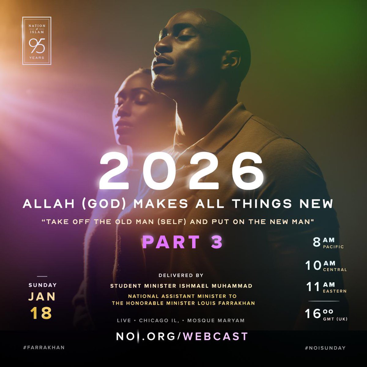 Be our guest Sunday morning at <a href="/MosqueMaryam/">Mosque Maryam</a> for Part 3 of “Allah (God) Makes All Things New” delivered by Student Minister Ishmael Muhammad

Not in Chicago? Watch the live webcast at 10am CST webcast.noi.org

#NOISundays #Farrakhan