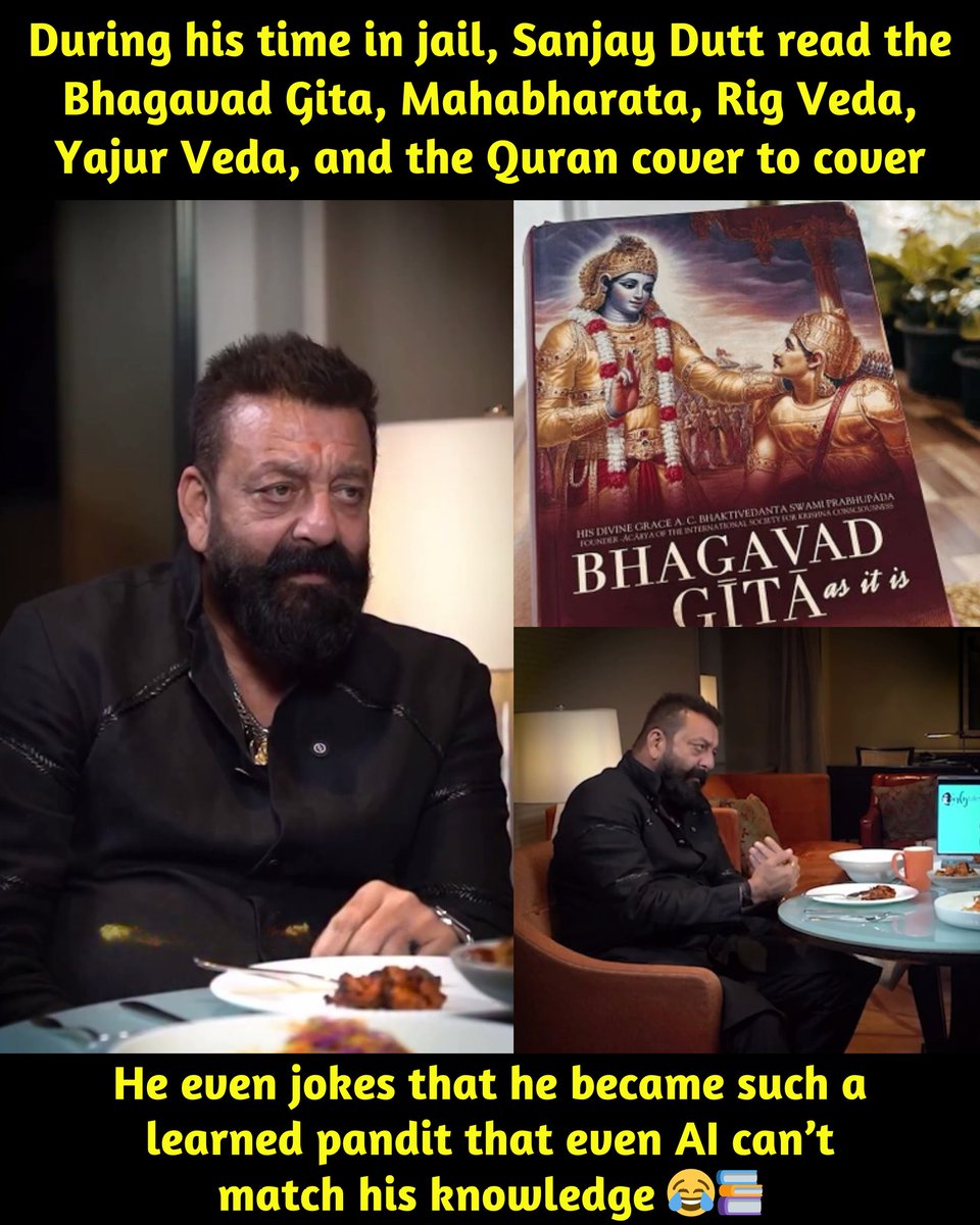 simpletrolls's tweet photo. During his incarceration at Yerwada Jail, Sanjay Dutt dedicated much of his time to spiritual and historical texts. He reportedly read the Bhagavad Gita, Mahabharata, Ramayana, and various Vedas and Puranas, along with the Quran. 
#sanjaydutt #cinema https://t.co/MHa3LJlodE