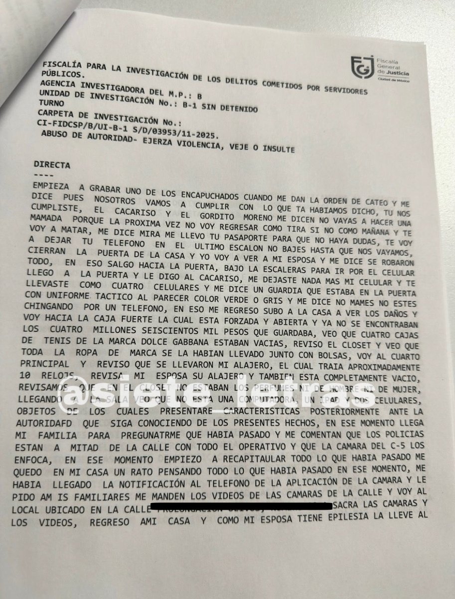 siete_letras's tweet image. “La próxima vez no voy a regresar como tira, sino como maña y te voy a matar”:

Es lo que presuntamente advirtió un policía a un hombre que los denunció por un cateo ILEGAL donde se robaron casi 5 MDP.

@FiscaliaCDMX indaga a grupo Mictlan de @SSC_CDMX y a @GN_MEXICO_.