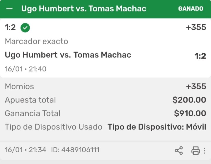 💰🎾 VERDEEEE EN TENIS 🎾💰
Marcador exacto 1–2 ✅
💵 $200 ➡️ $910 (+355)
Cuando se lee bien el partido, el casino paga.
Viva el Parlay 🔥
t.me/VepPick

#VepPicks #TenisATP #MarcadorExacto #ApuestasDeportivas